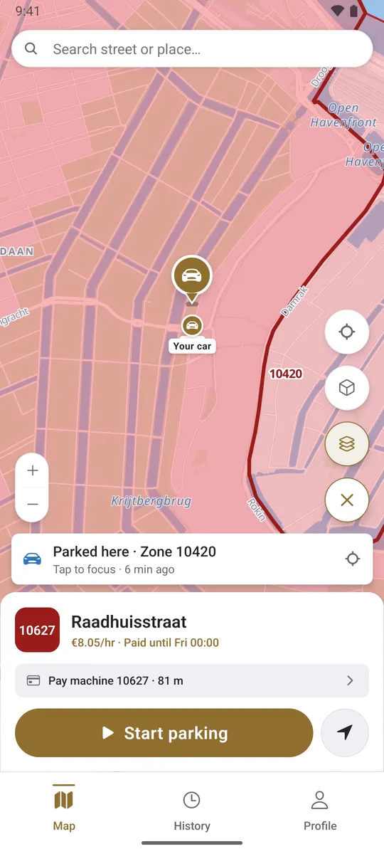 Park4Me on a phone: the map of central Amsterdam with zone 10627 on Raadhuisstraat at €8.05 per hour and a Start parking button