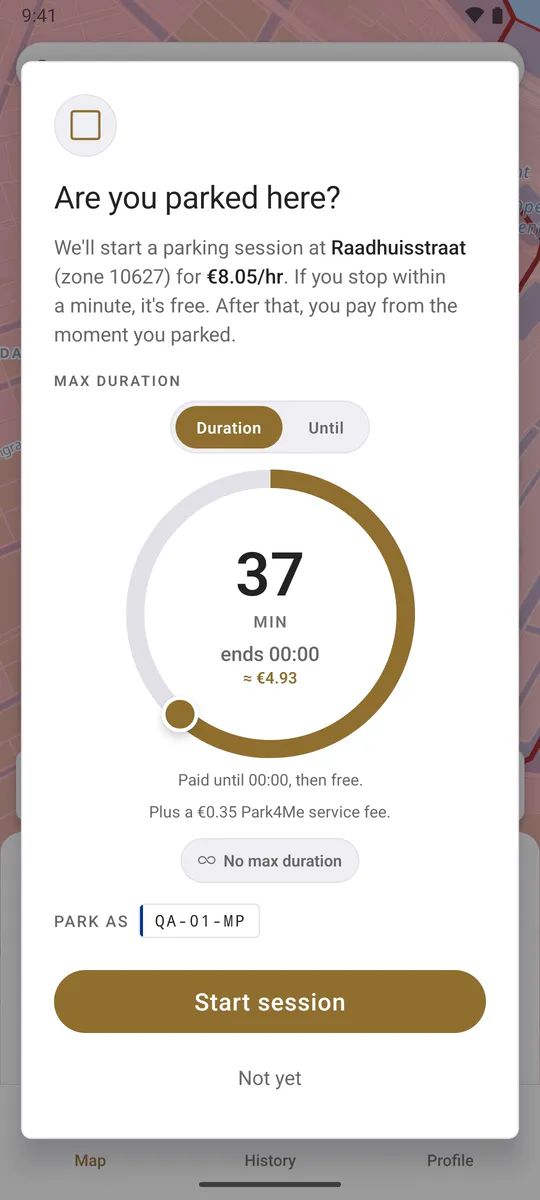 Confirmation sheet asking 'Are you parked here?' for Raadhuisstraat, zone 10627, with the licence plate and a Start session button