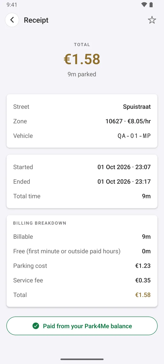 Receipt for a 9 minute session on Spuistraat, zone 10627, with start and end times, billing breakdown and the total
