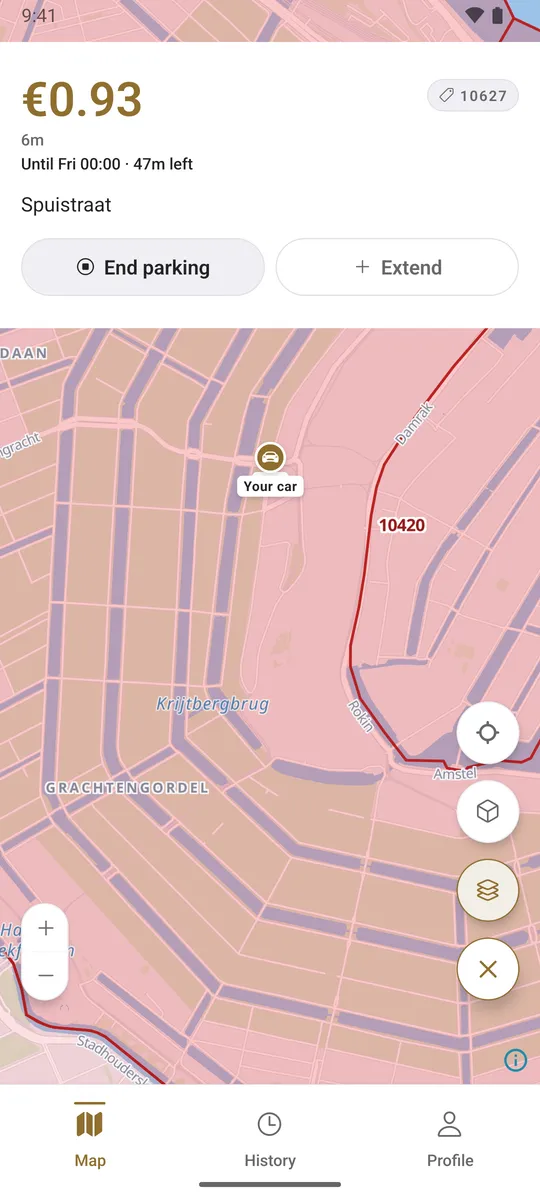 Running session on Spuistraat in zone 10627 at €0.93 after 6 minutes, with End parking and Extend buttons
